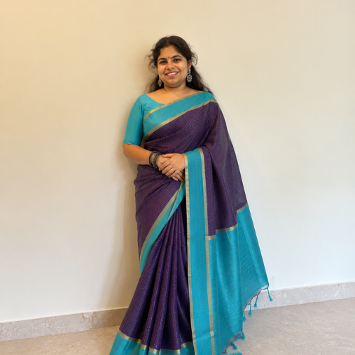 Purple Handloom Saree with Turquoise Border - Image 3