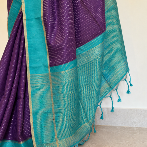 Purple Handloom Saree with Turquoise Border - Image 2