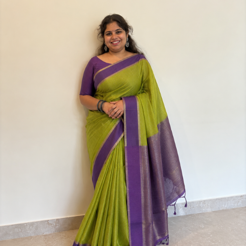 Green Handloom Saree with Purple Border - Image 2
