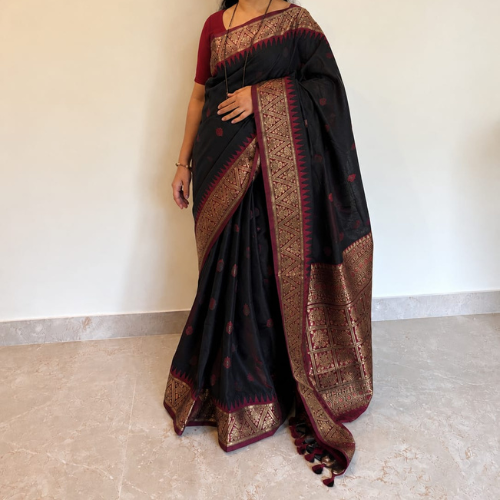 Black Cotton Saree with Red Border - Image 2
