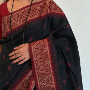 Black Cotton Saree with Red Border