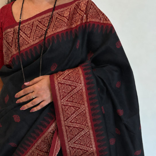 Black Cotton Saree with Red Border