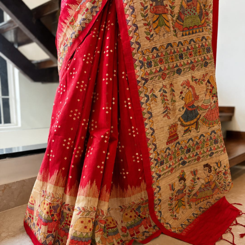 Red Linen Saree - Image 2