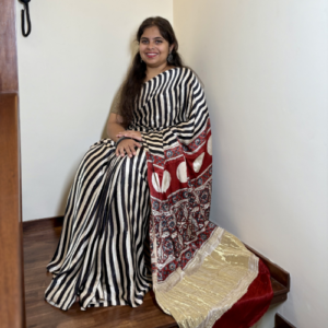 Black & White Stripe Ajrakh Modal Silk Saree with Lagdi Patta