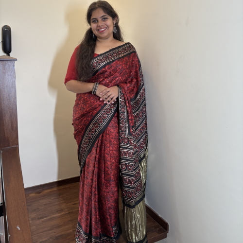 Brick Red Ajrakh Saree - Image 2