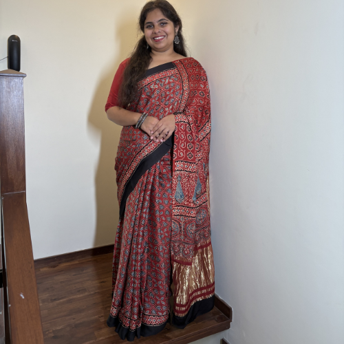 Terracotta Red Ajrakh Silk Saree - Image 2
