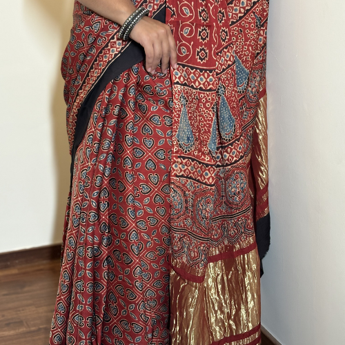 Terracotta Red Ajrakh Silk Saree - Image 3