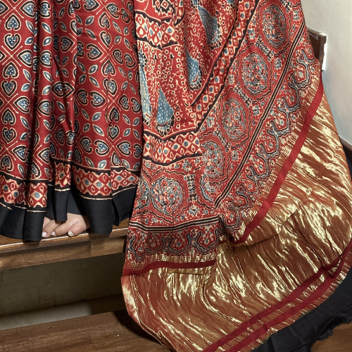 Terracotta Red Ajrakh Silk Saree - Image 4