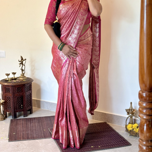 Fuchsia Pink Brocade Semi-Silk Saree - Image 3