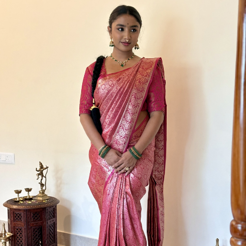 Fuchsia Pink Brocade Semi-Silk Saree - Image 2
