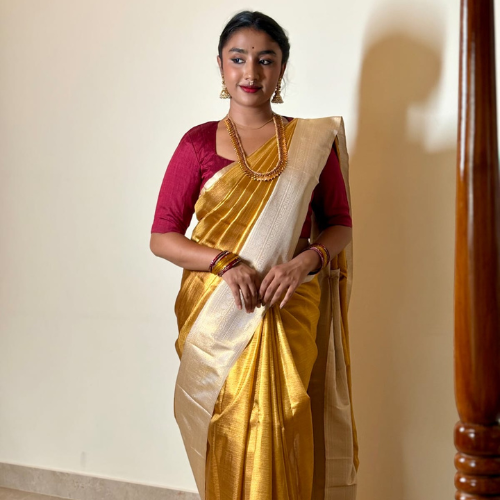 Gold & Silver Semi-Silk Saree - Image 2