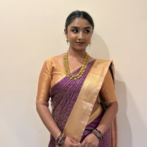 Magenta Purple & Gold Semi-Silk Saree - Image 2