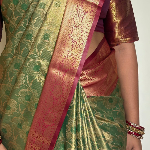 Green & Crimson Maroon Semi-Silk Saree - Image 3