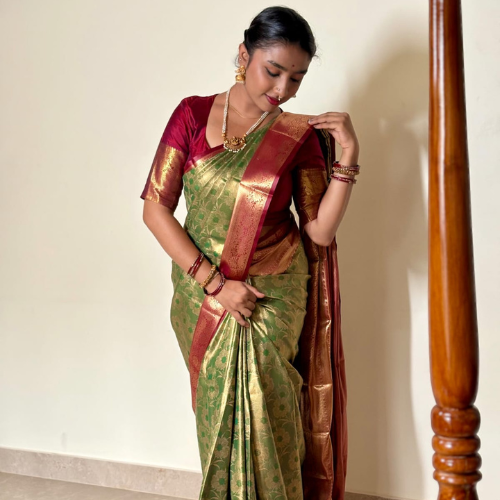 Green & Crimson Maroon Semi-Silk Saree - Image 2