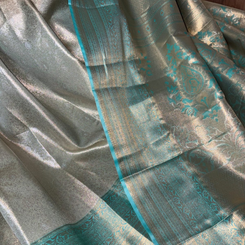Silver & Sea Green Semi-Silk Saree - Image 5