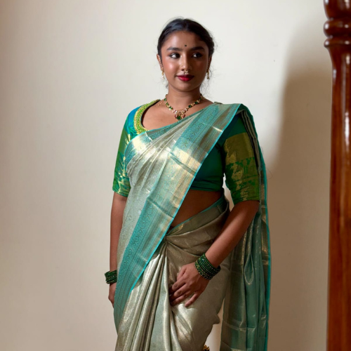 Silver & Sea Green Semi-Silk Saree - Image 4