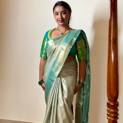 Silver & Sea Green Semi-Silk Saree - Image 3