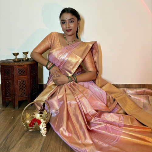 Pastel Pink Tissue Semi-Silk Saree