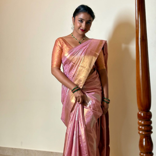 Pastel Pink Tissue Semi-Silk Saree - Image 2