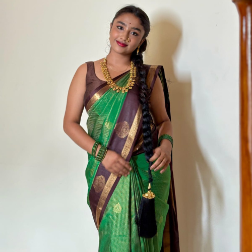 Green Brown Semi-Silk Saree - Image 4