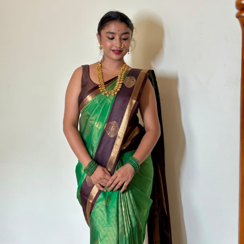 Green Brown Semi-Silk Saree - Image 3