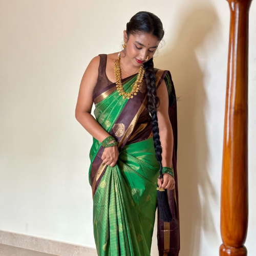 Green Brown Semi-Silk Saree - Image 2
