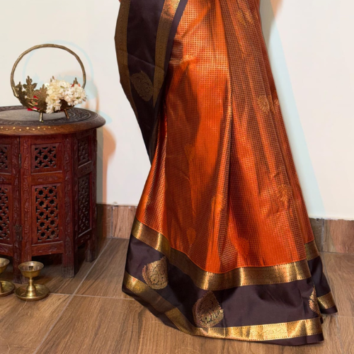 Orange & Brown Semi-Silk Saree - Image 5