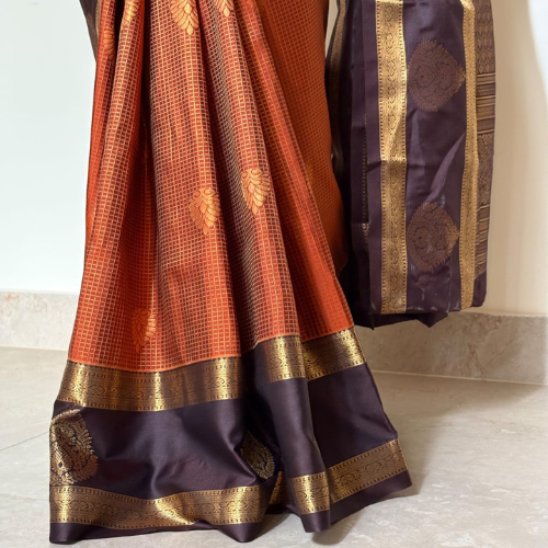 Orange & Brown Semi-Silk Saree - Image 4