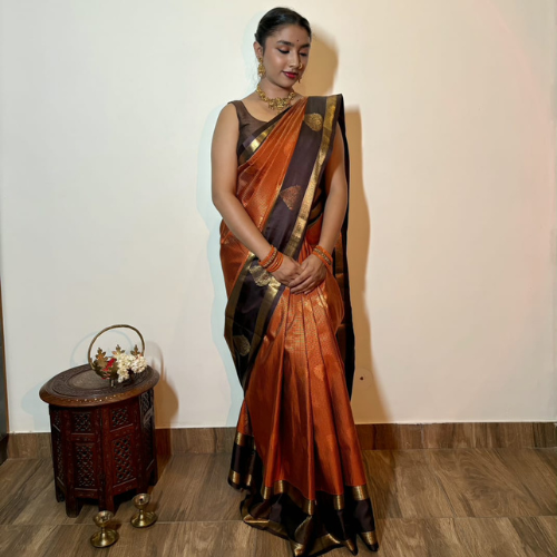 Orange & Brown Semi-Silk Saree - Image 2