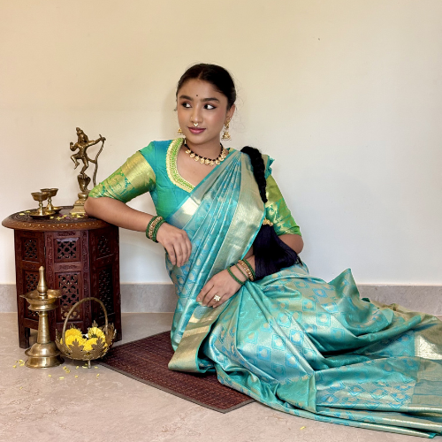 Turquoise Semi-Silk Saree