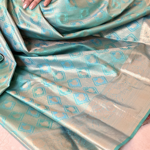Turquoise Semi-Silk Saree - Image 3