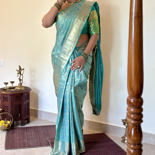 Turquoise Semi-Silk Saree - Image 2