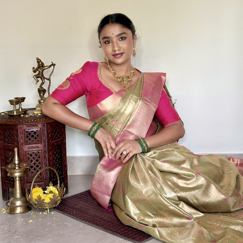 Dual tone Semi-Silk saree with temple pink zari border