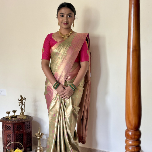 Dual tone Semi-Silk saree with temple pink zari border - Image 2