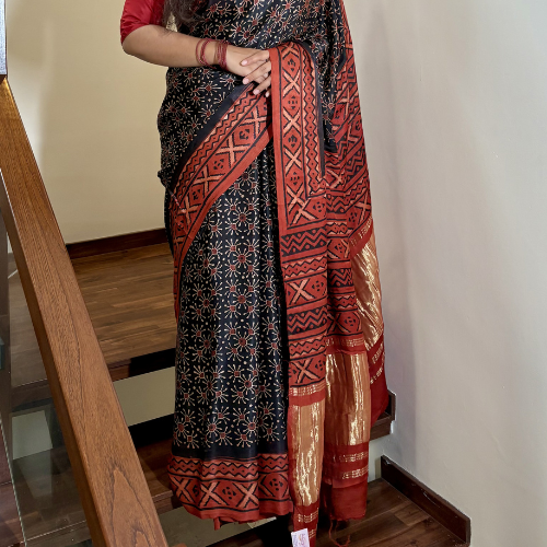Hand Block Printed Ajrakh Saree - Image 4