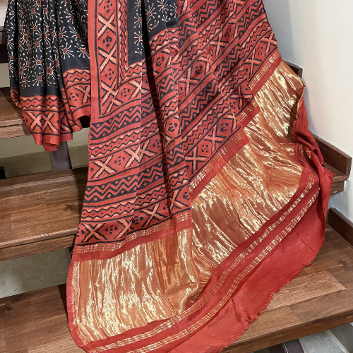 Hand Block Printed Ajrakh Saree - Image 3