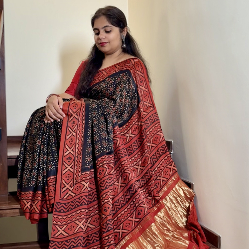 Hand Block Printed Ajrakh Saree - Image 2