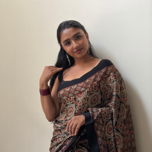 Black Modal Silk Ajrakh Print Saree with Designer Pallu