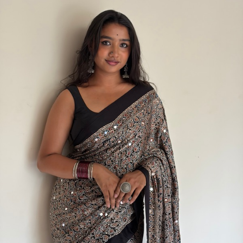 Charcoal Grey Modal Silk Mirror Work Saree with Printed Lagadi Pallu
