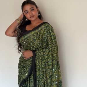 Forest Green Modal Silk Mirror Work Saree with Lagadi Pallu