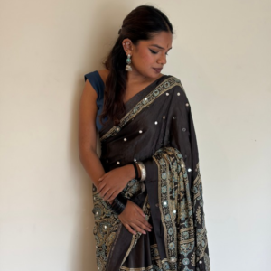 Charcoal Grey Modal Silk Mirror Work Saree with Printed Lagadi Pallu
