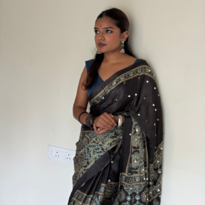 Midnight Black Modal Silk Mirror Work Saree with Lagadi Pallu