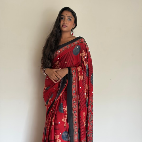 Ruby Red Modal Silk Mirror Work Saree with Lagadi Pallu - Image 4