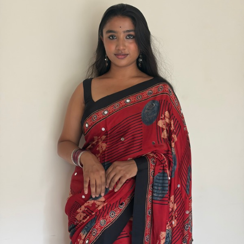 Ruby Red Modal Silk Mirror Work Saree with Lagadi Pallu