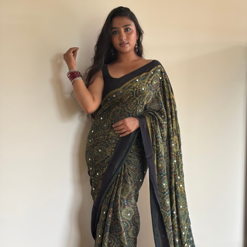 Midnight Green Modal Silk Mirror Work Saree - Image 4
