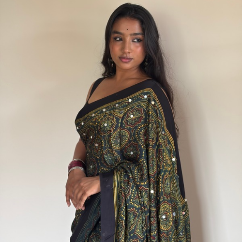 Midnight Green Modal Silk Mirror Work Saree - Image 2