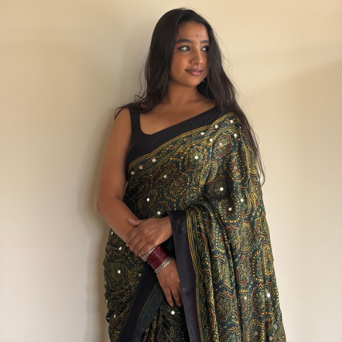 Midnight Green Modal Silk Mirror Work Saree - Image 3