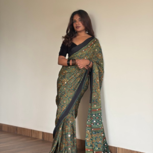 Emerald Green Modal Silk Mirror Work Saree with Lagadi Pallu