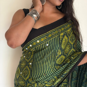 Olive Green Modal Silk Mirror Work Saree with Lagadi Pallu