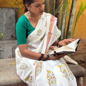 Ivory Mul Cotton Floral Print Saree with Printed Pallu